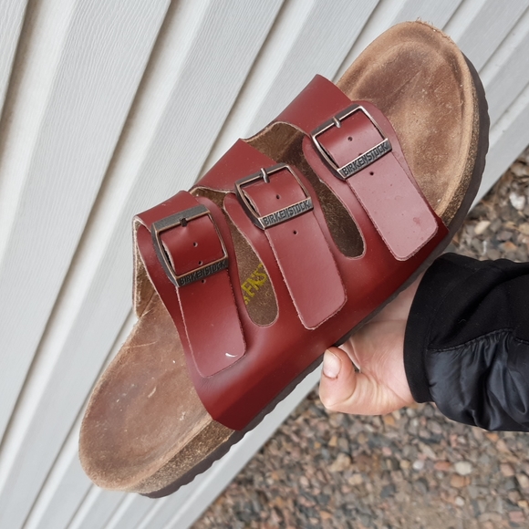 Birkenstock Red Leather 3 Strap Sandals 